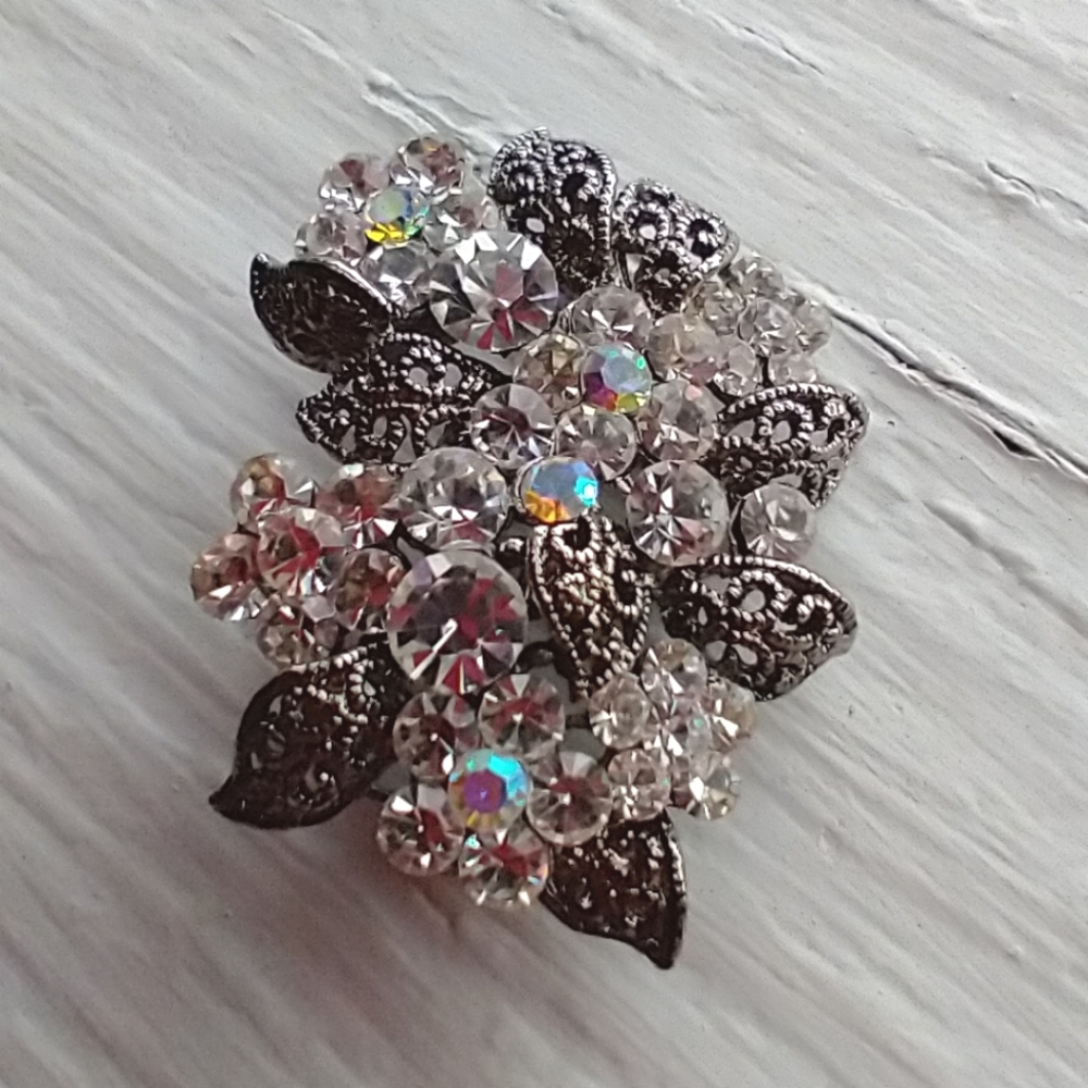 Vintage Silver Tone Iridescent Rhinestone Brooch